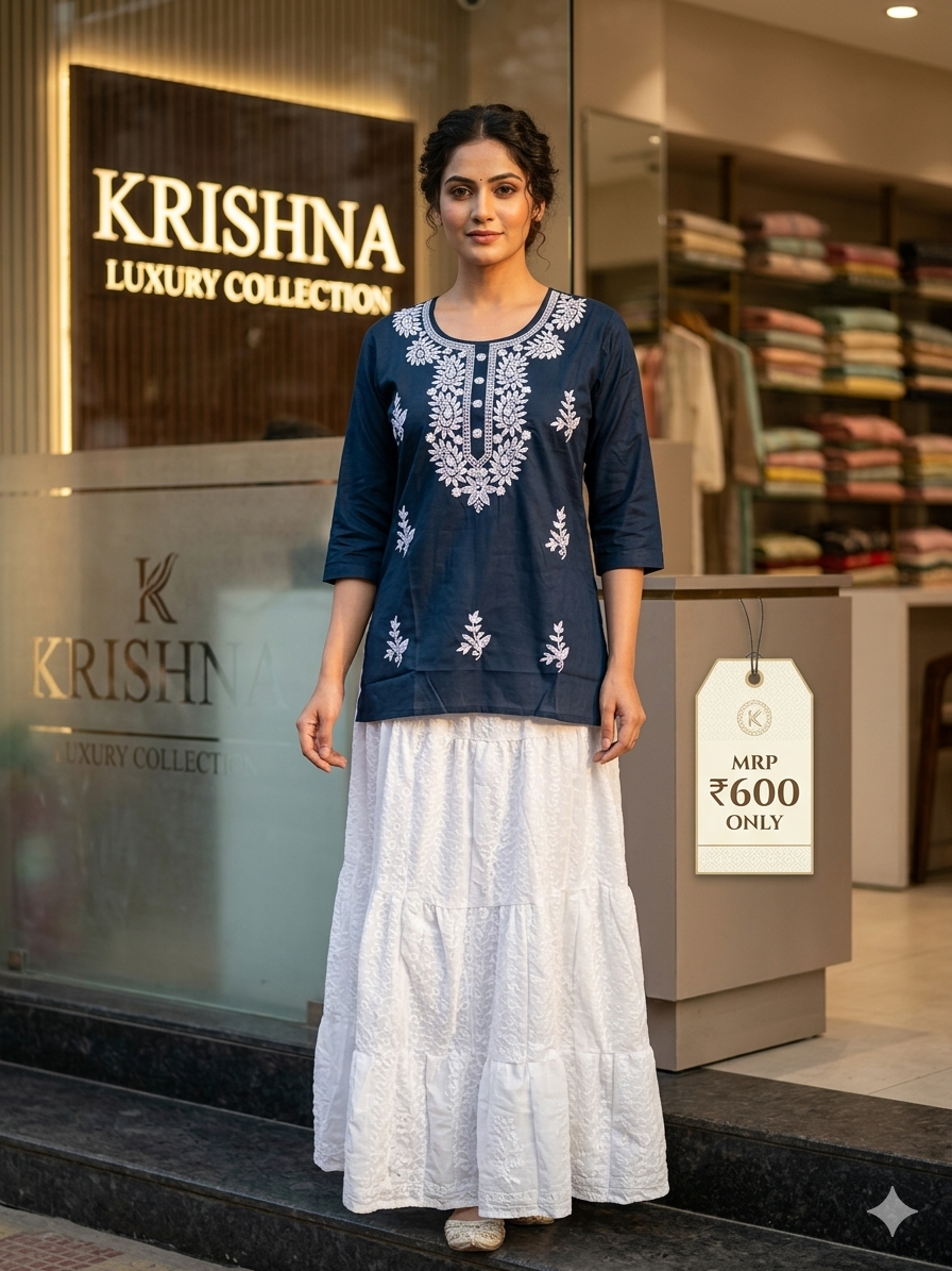 • Classic Short Kurti & White Skirt Combo