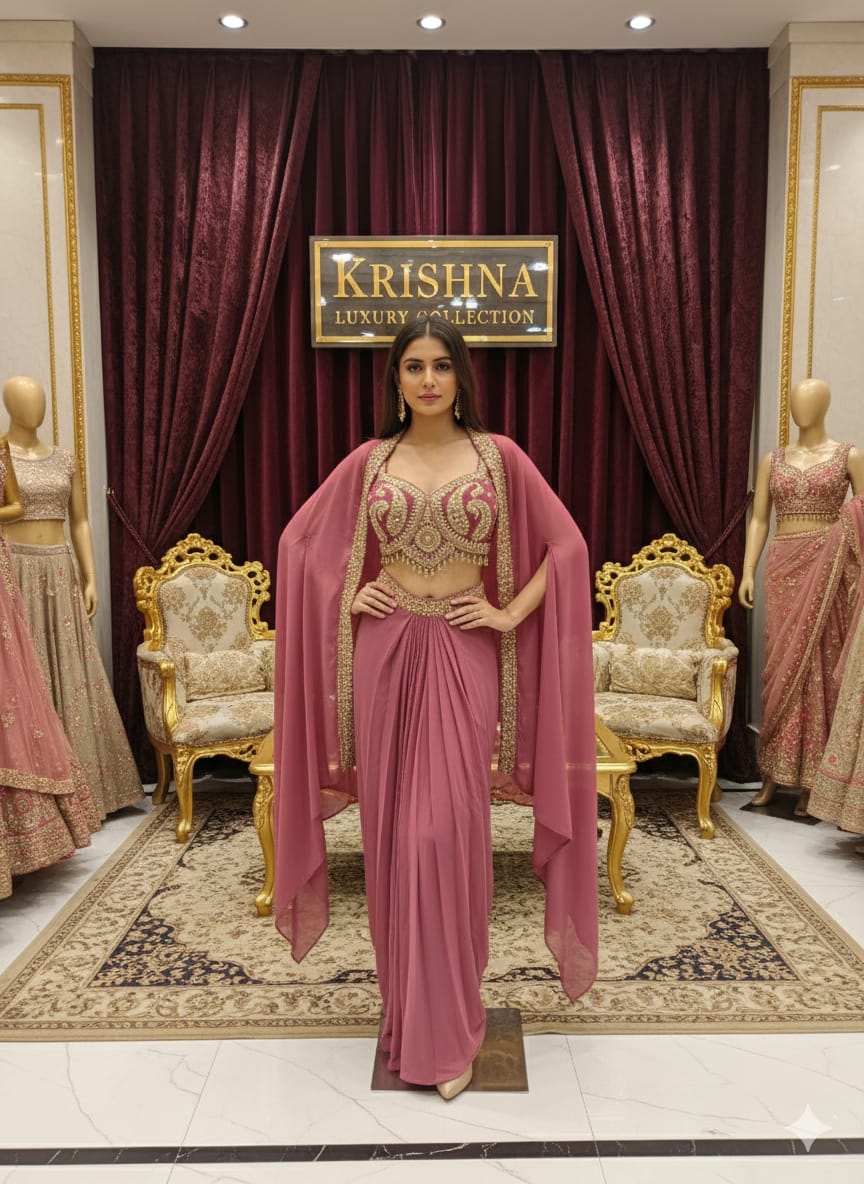 Indo-Western Crop top draped skirt set with an embroidered blouse